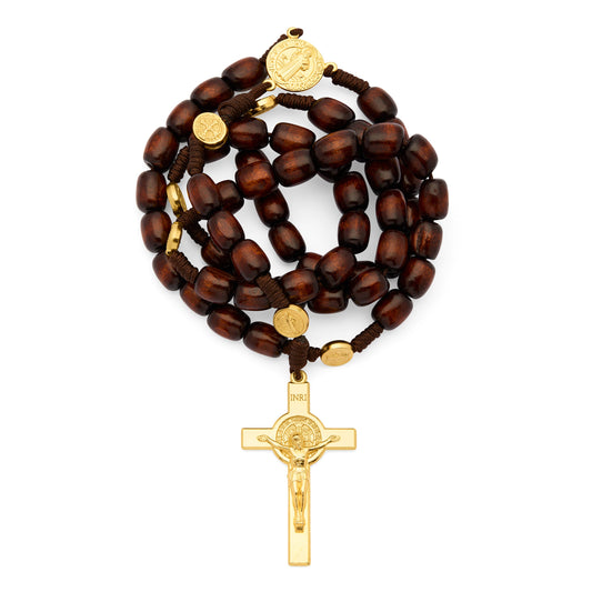 MONDO CATTOLICO ROMA Rosary 52 cm (20.47 in) / 70 cm (27.56 in) / 8x10 mm (0.31x0.39 in) Saint Benedict Rosary in Dark Brown Wood with Gold-Tone Metal Crucifix
