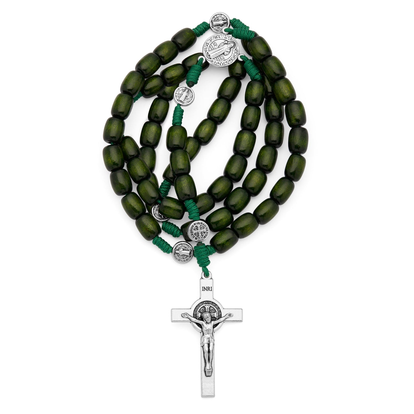 MONDO CATTOLICO ROMA Rosary 52 cm (20.47 in) / 70 cm (27.56 in) / 8x10 mm (0.31x0.39 in) Saint Benedict Rosary in Dark Green Wood with Metal Crucifix