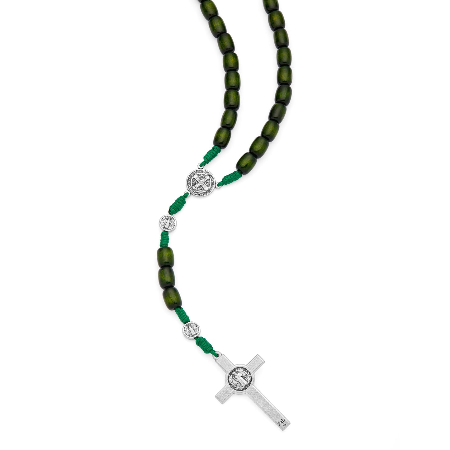 MONDO CATTOLICO ROMA Rosary 52 cm (20.47 in) / 70 cm (27.56 in) / 8x10 mm (0.31x0.39 in) Saint Benedict Rosary in Dark Green Wood with Metal Crucifix
