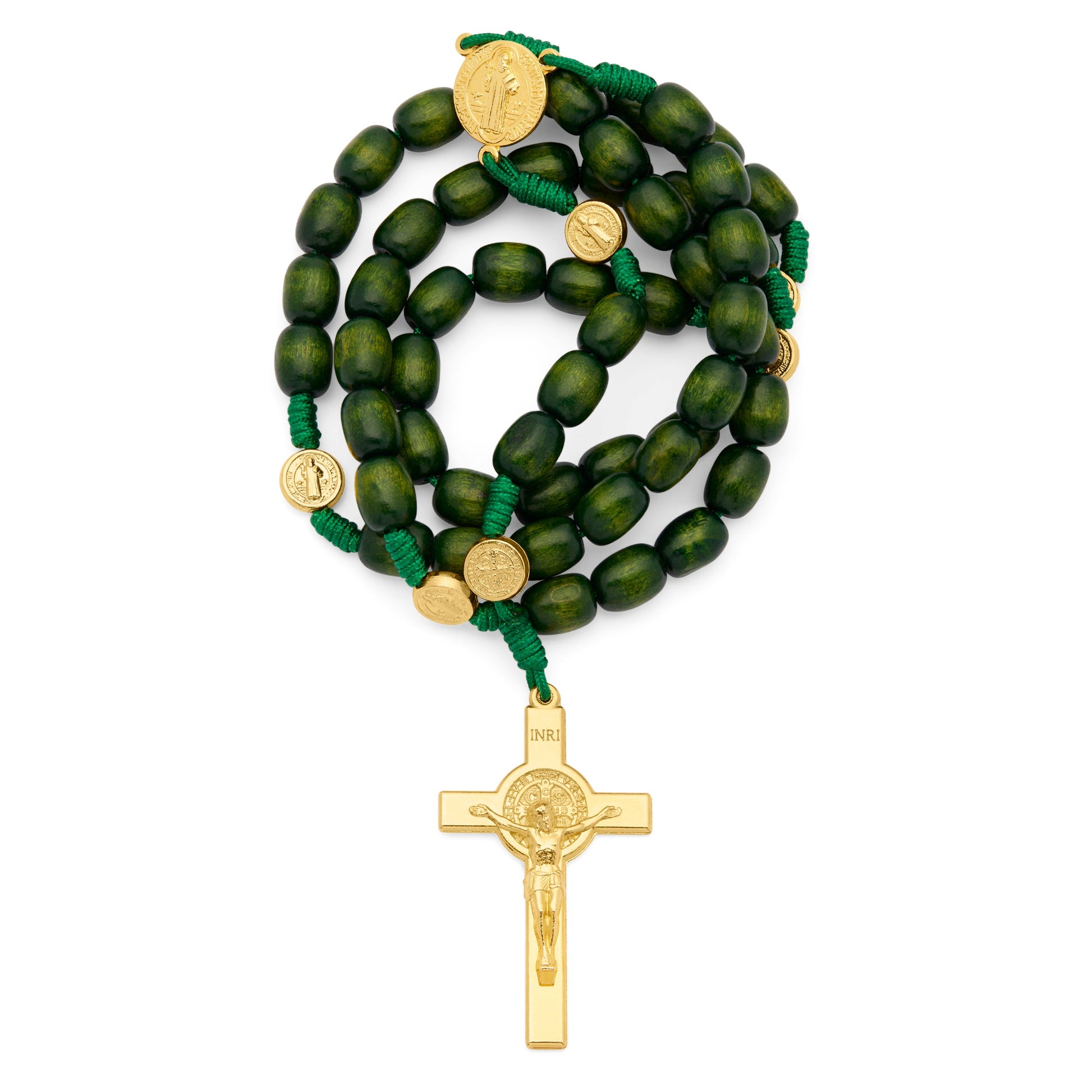 MONDO CATTOLICO ROMA Rosary 52 cm (20.47 in) / 70 cm (27.56 in) / 8x10 mm (0.31x0.39 in) Saint Benedict Rosary in Green Wood with Gold-Tone Metal Crucifix