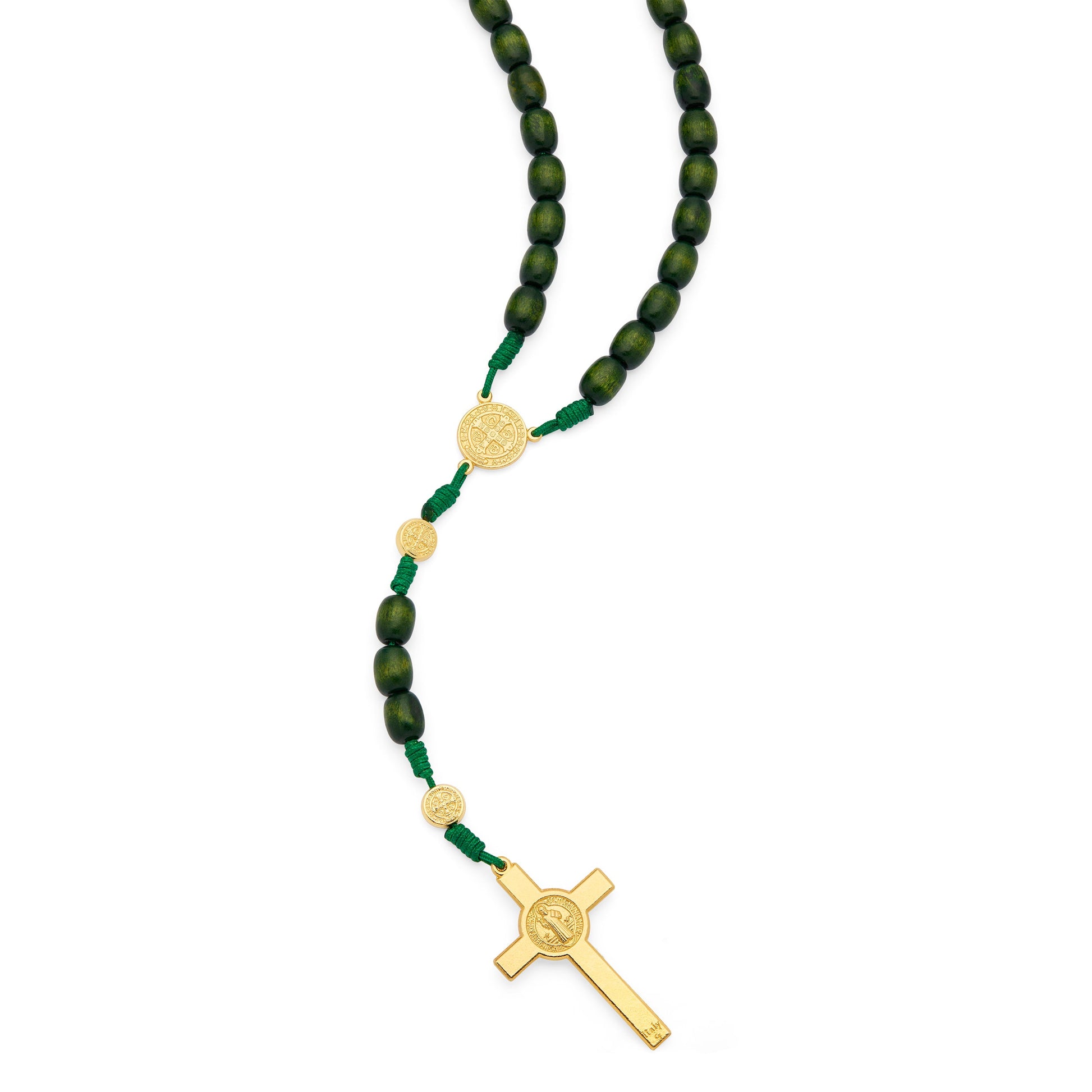 MONDO CATTOLICO ROMA Rosary 52 cm (20.47 in) / 70 cm (27.56 in) / 8x10 mm (0.31x0.39 in) Saint Benedict Rosary in Green Wood with Gold-Tone Metal Crucifix