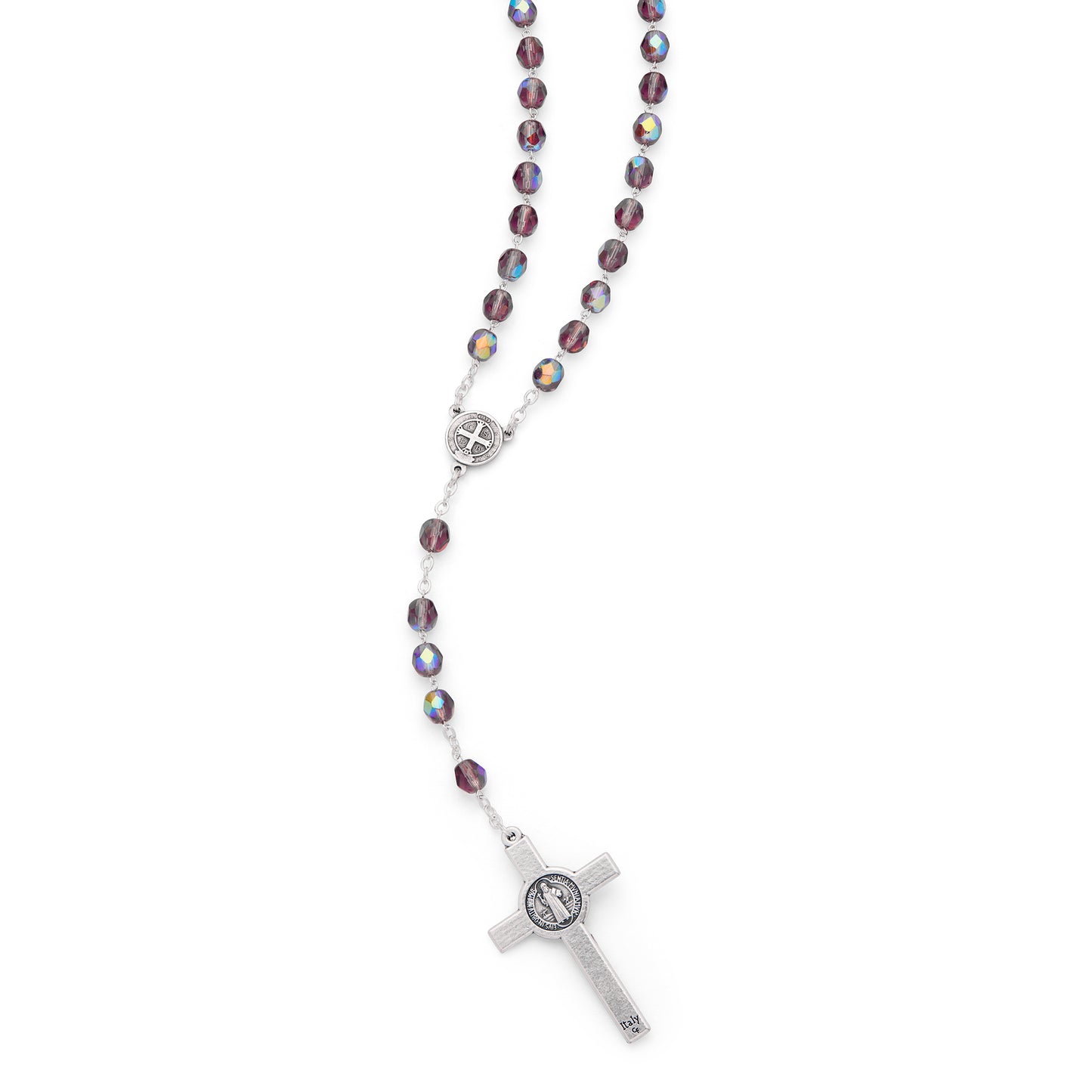MONDO CATTOLICO ROMA Prayer Beads 50 cm (19.69 in) / 70 cm (27.56 in) / 8 mm (0.31 in) Saint Benedict Rosary in Purple Glass