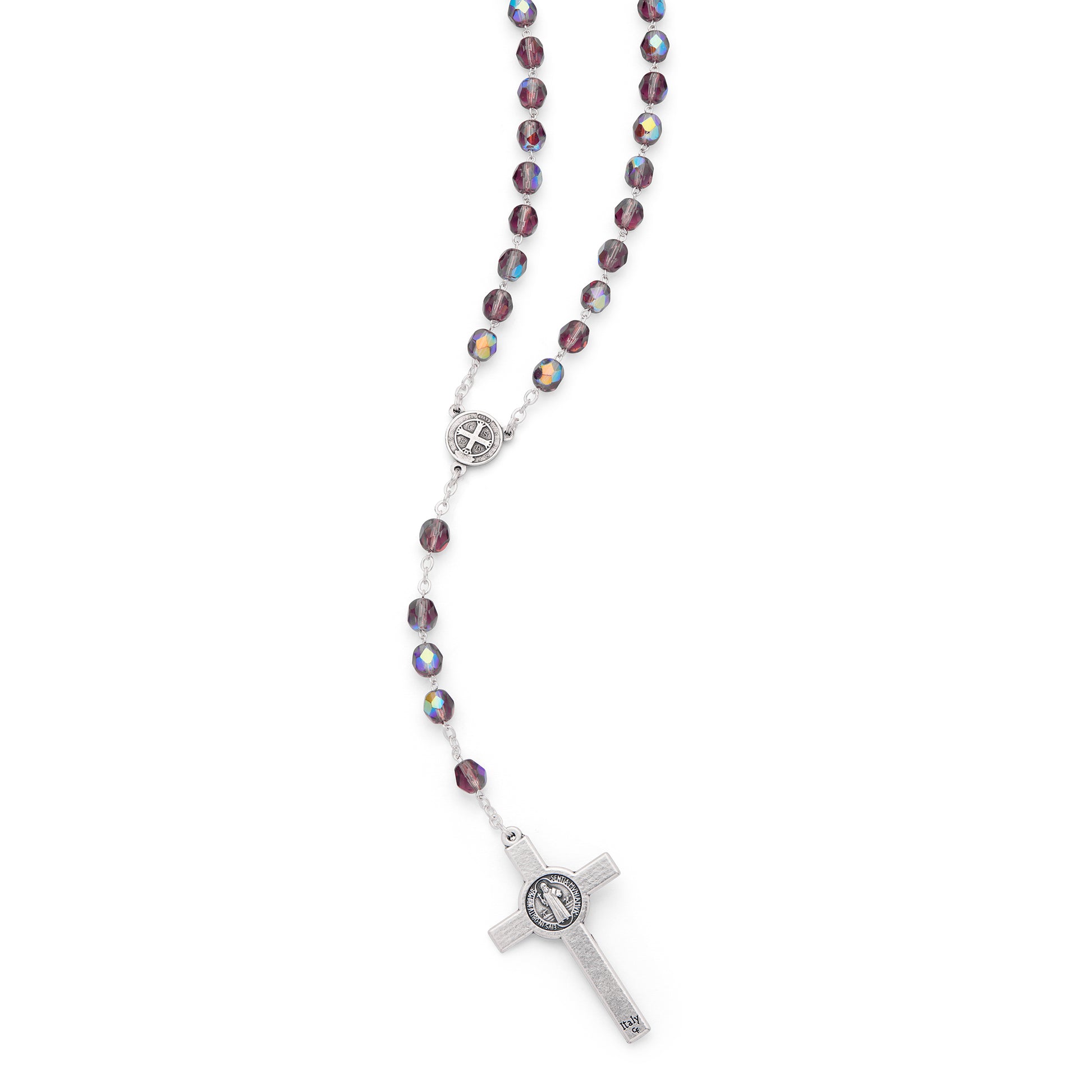 MONDO CATTOLICO ROMA Prayer Beads 50 cm (19.69 in) / 70 cm (27.56 in) / 8 mm (0.31 in) Saint Benedict Rosary in Purple Glass