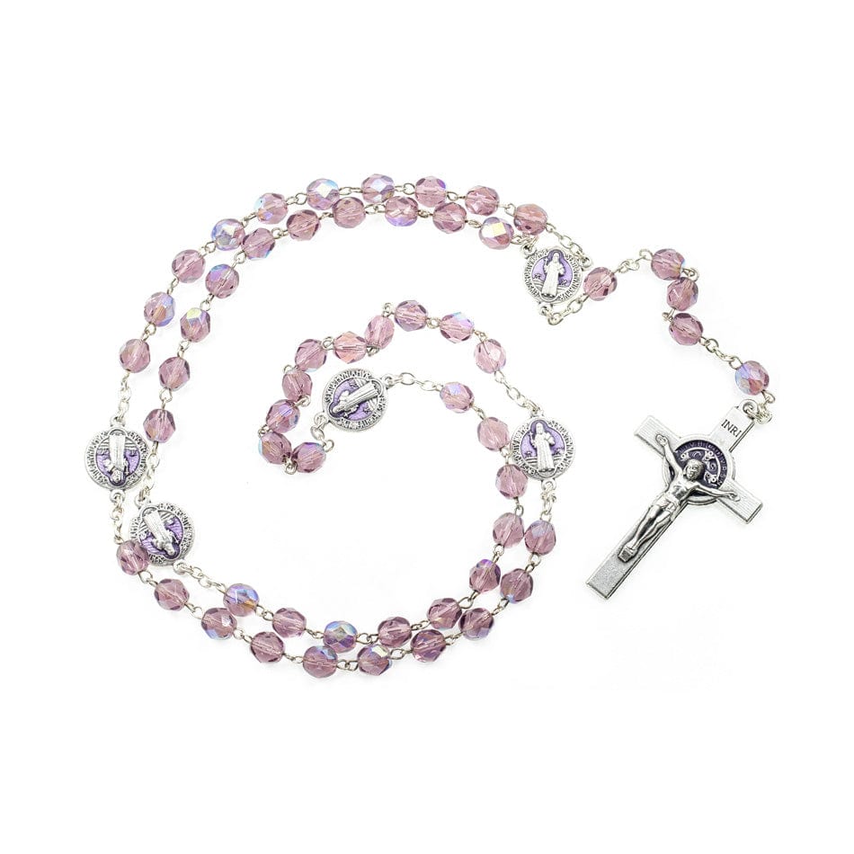 MONDO CATTOLICO Prayer Beads Saint Benedict Rosary in Purple Glass