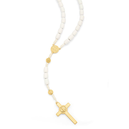 MONDO CATTOLICO ROMA Rosary 52 cm (20.47 in) / 70 cm (27.56 in) / 8x10 mm (0.31x0.39 in) Saint Benedict Rosary in White Wood with Gold-Tone Metal Crucifix