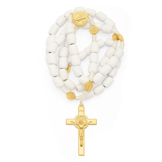 MONDO CATTOLICO ROMA Rosary 52 cm (20.47 in) / 70 cm (27.56 in) / 8x10 mm (0.31x0.39 in) Saint Benedict Rosary in White Wood with Gold-Tone Metal Crucifix