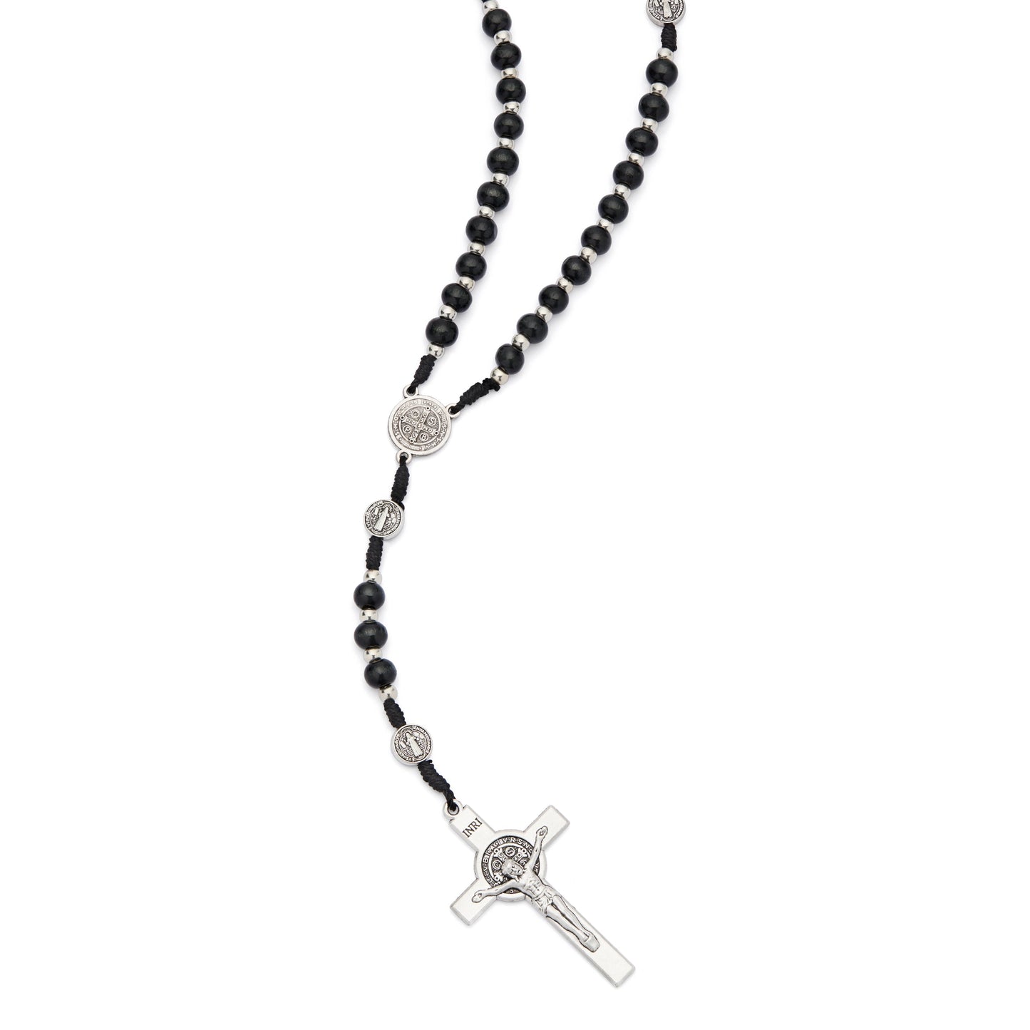 MONDO CATTOLICO ROMA Prayer Beads 42 cm (16.54 in) / 54 cm (21.26 in) / 6 mm (0.24 in) Saint Benedict Rosary with Black Wood Beads and Metal Crucifix