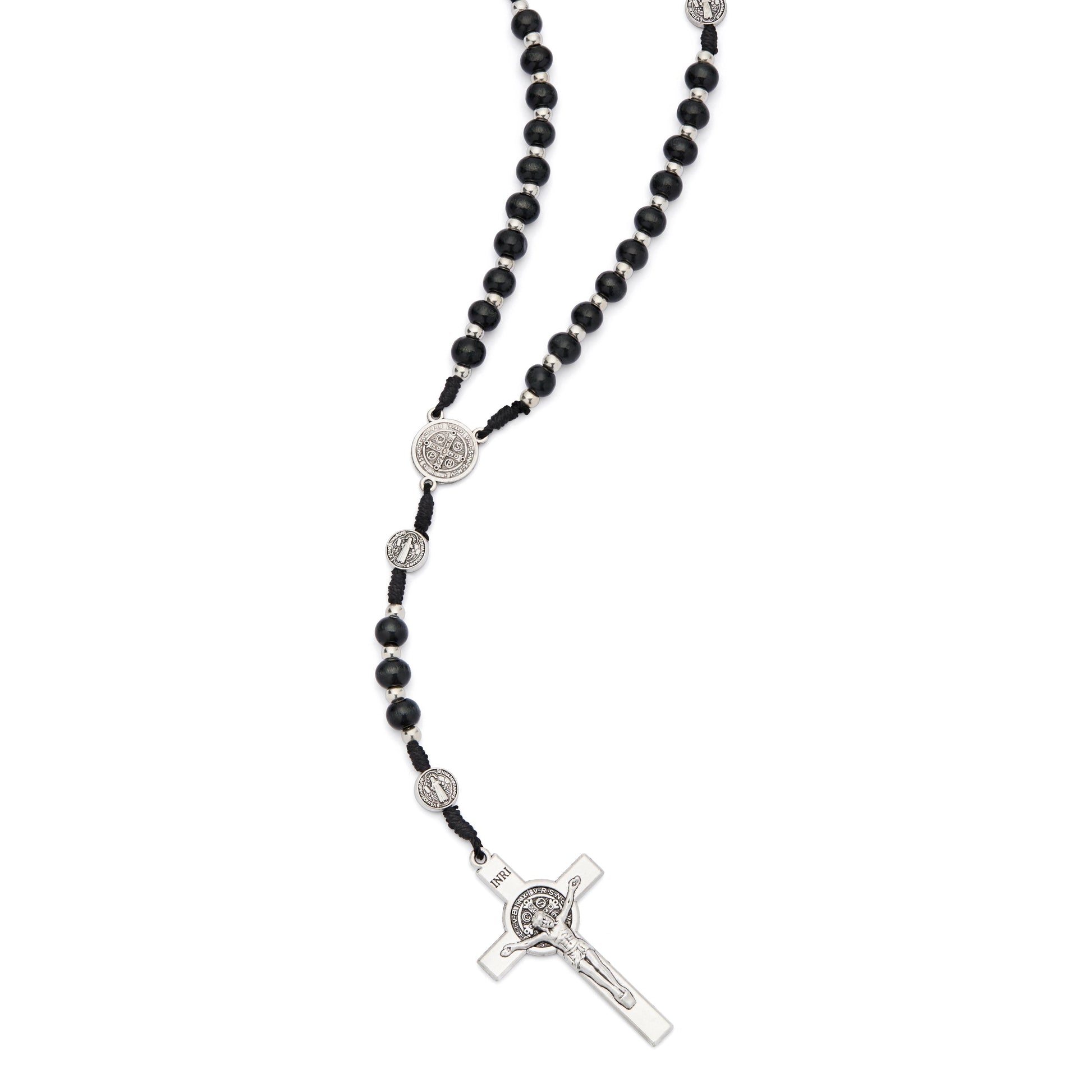 MONDO CATTOLICO ROMA Prayer Beads 42 cm (16.54 in) / 54 cm (21.26 in) / 6 mm (0.24 in) Saint Benedict Rosary with Black Wood Beads and Metal Crucifix
