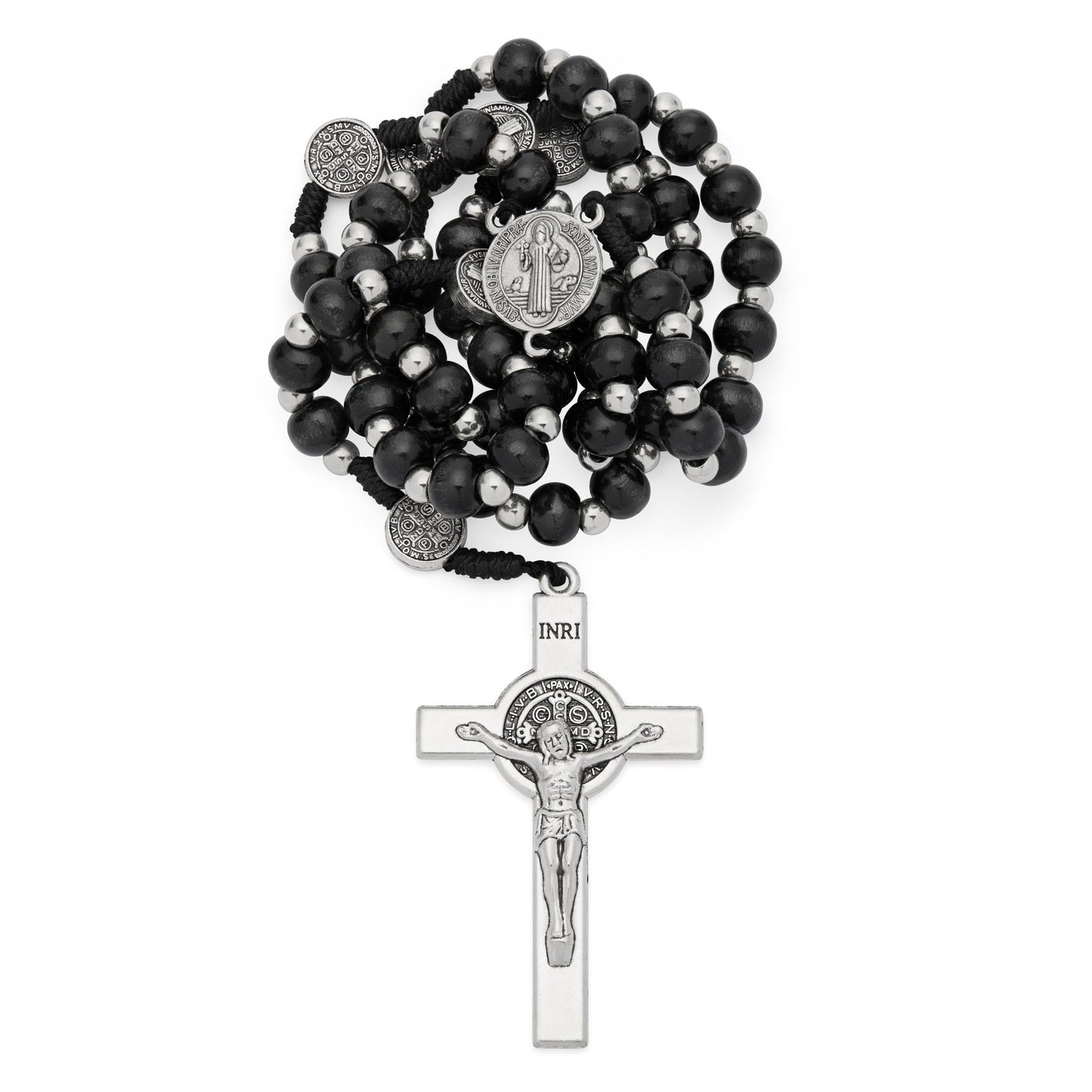 MONDO CATTOLICO ROMA Prayer Beads 42 cm (16.54 in) / 54 cm (21.26 in) / 6 mm (0.24 in) Saint Benedict Rosary with Black Wood Beads and Metal Crucifix