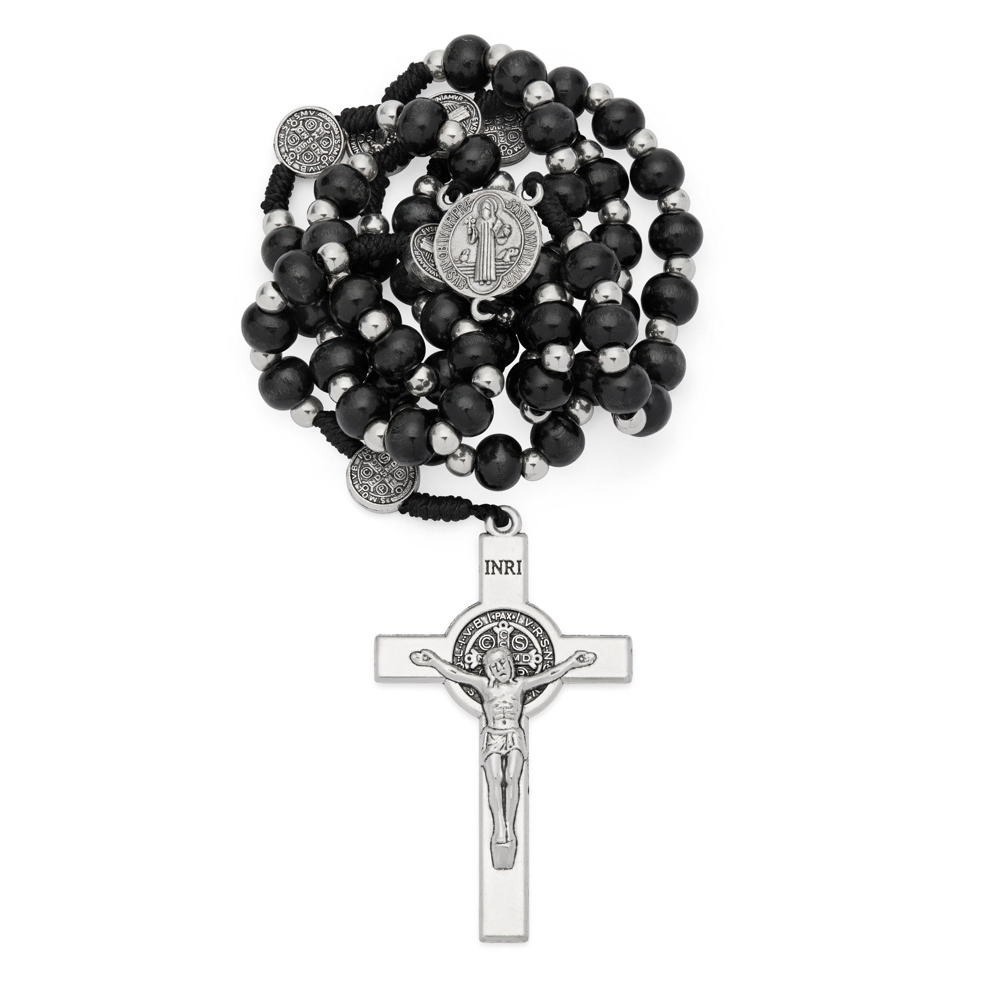 MONDO CATTOLICO ROMA Prayer Beads 42 cm (16.54 in) / 54 cm (21.26 in) / 6 mm (0.24 in) Saint Benedict Rosary with Black Wood Beads and Metal Crucifix