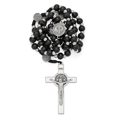 MONDO CATTOLICO ROMA Prayer Beads 42 cm (16.54 in) / 54 cm (21.26 in) / 6 mm (0.24 in) Saint Benedict Rosary with Black Wood Beads and Metal Crucifix
