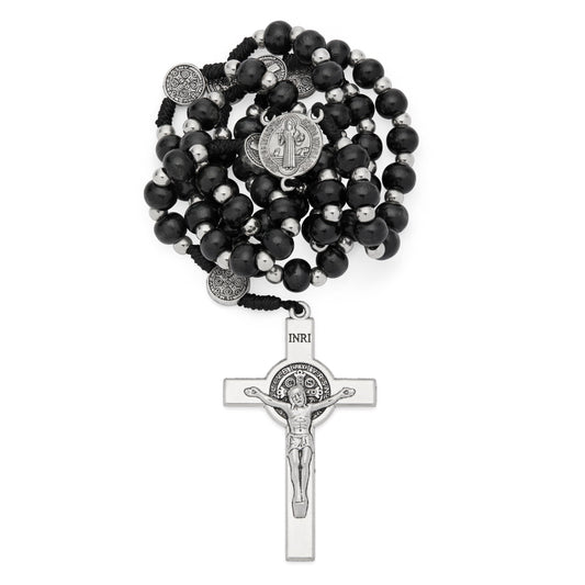 MONDO CATTOLICO ROMA Prayer Beads 42 cm (16.54 in) / 54 cm (21.26 in) / 6 mm (0.24 in) Saint Benedict Rosary with Black Wood Beads and Metal Crucifix