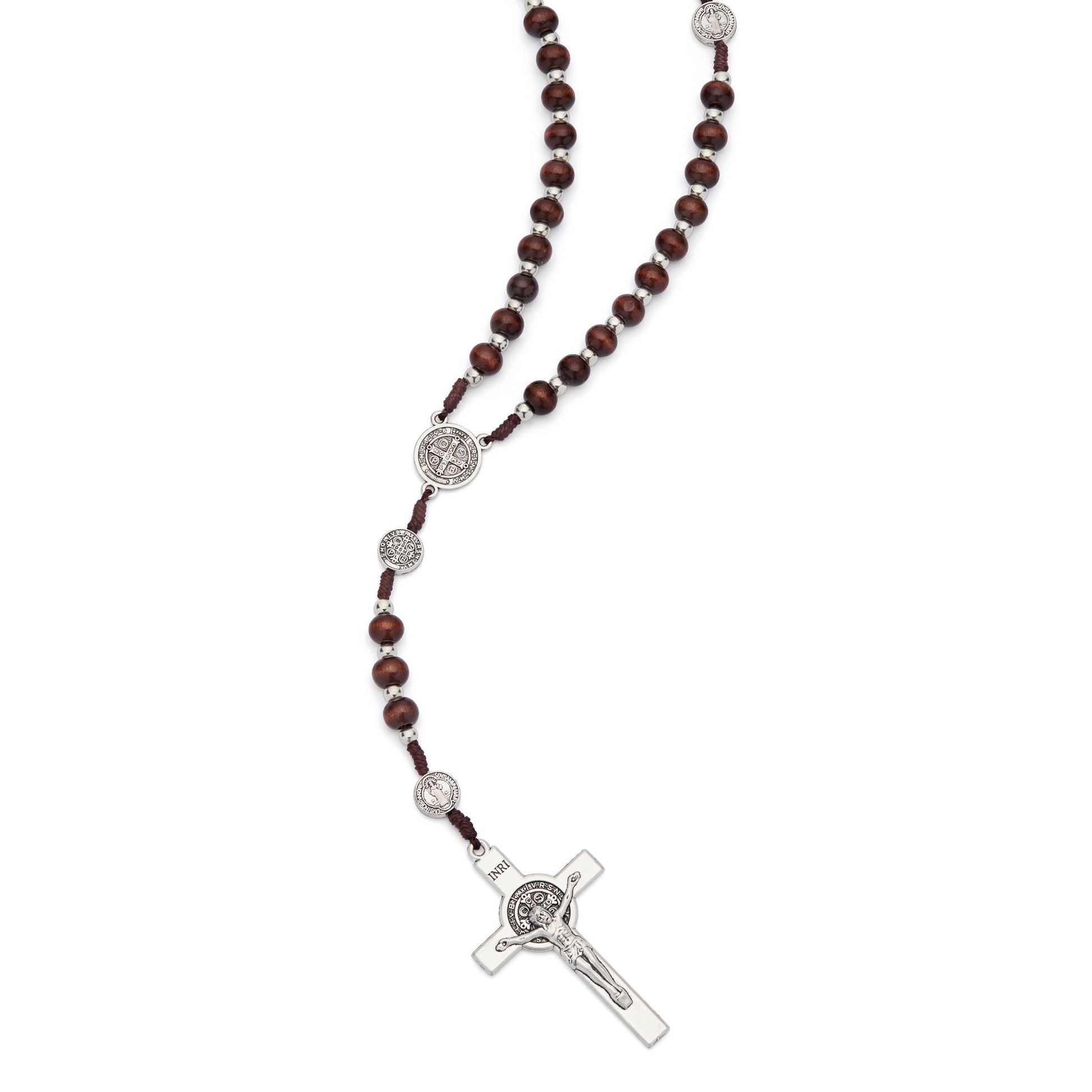 MONDO CATTOLICO ROMA Prayer Beads 42 cm (16.54 in) / 54 cm (21.26 in) / 6 mm (0.24 in) Saint Benedict Rosary with Dark Wood Beads and Metal Crucifix