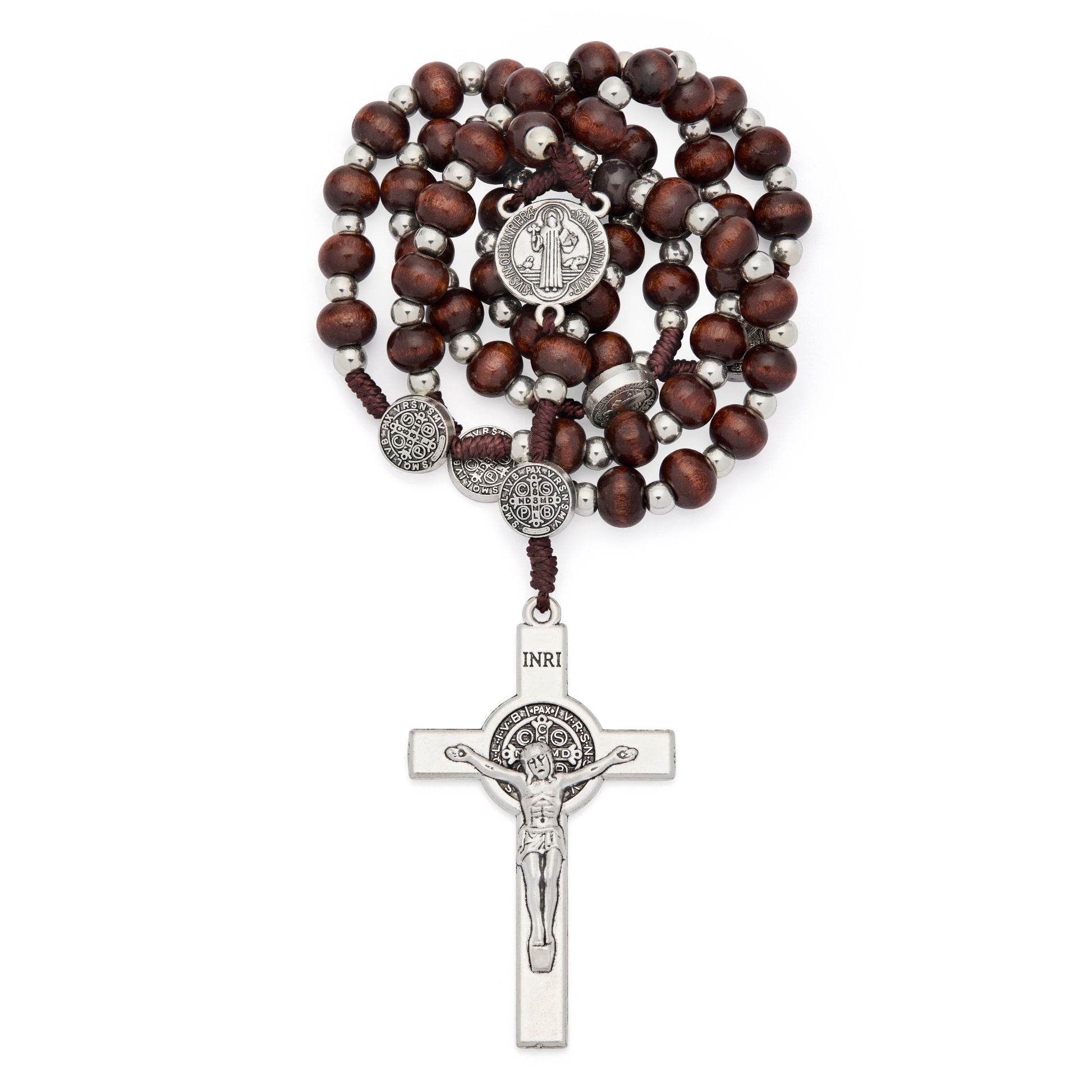 MONDO CATTOLICO ROMA Prayer Beads 42 cm (16.54 in) / 54 cm (21.26 in) / 6 mm (0.24 in) Saint Benedict Rosary with Dark Wood Beads and Metal Crucifix