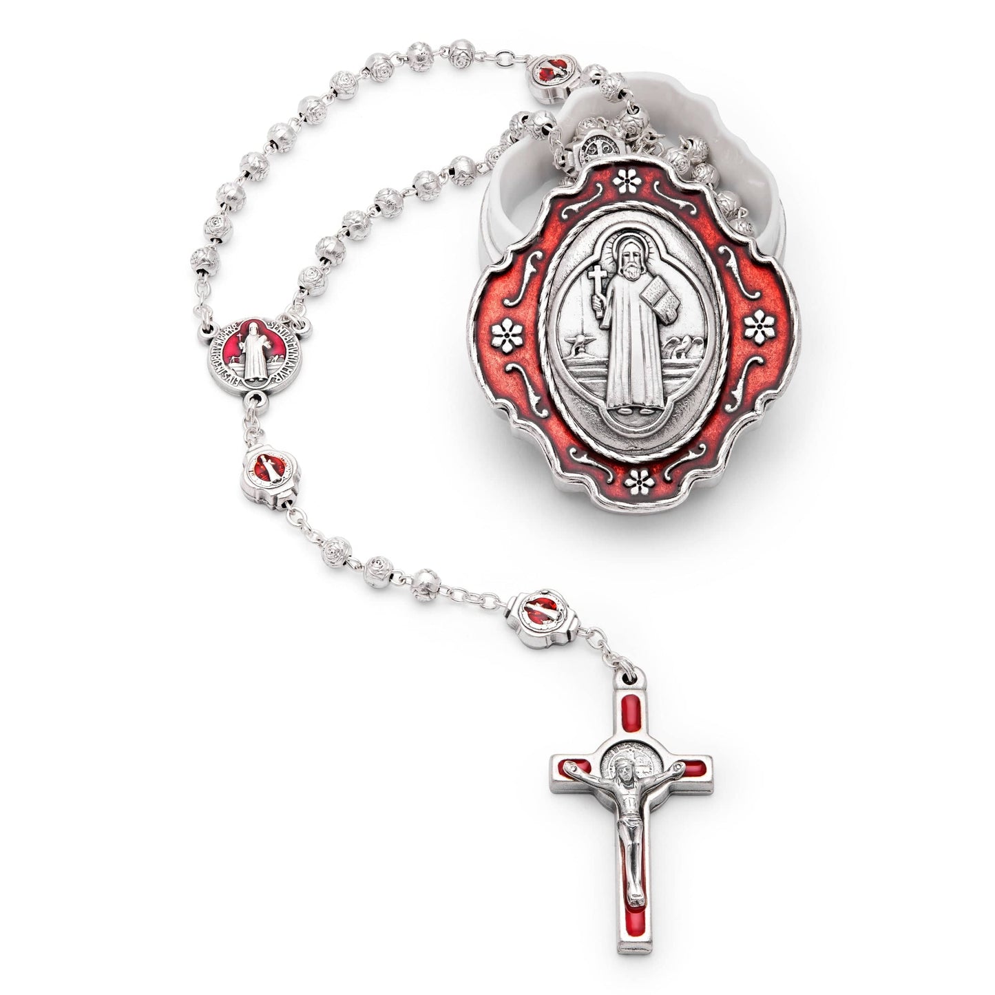 MONDO CATTOLICO Prayer Beads 36 cm (14.17 in) / 4 mm (0.15 in) Saint Benedict Rosary with  Enamel Pewter Box