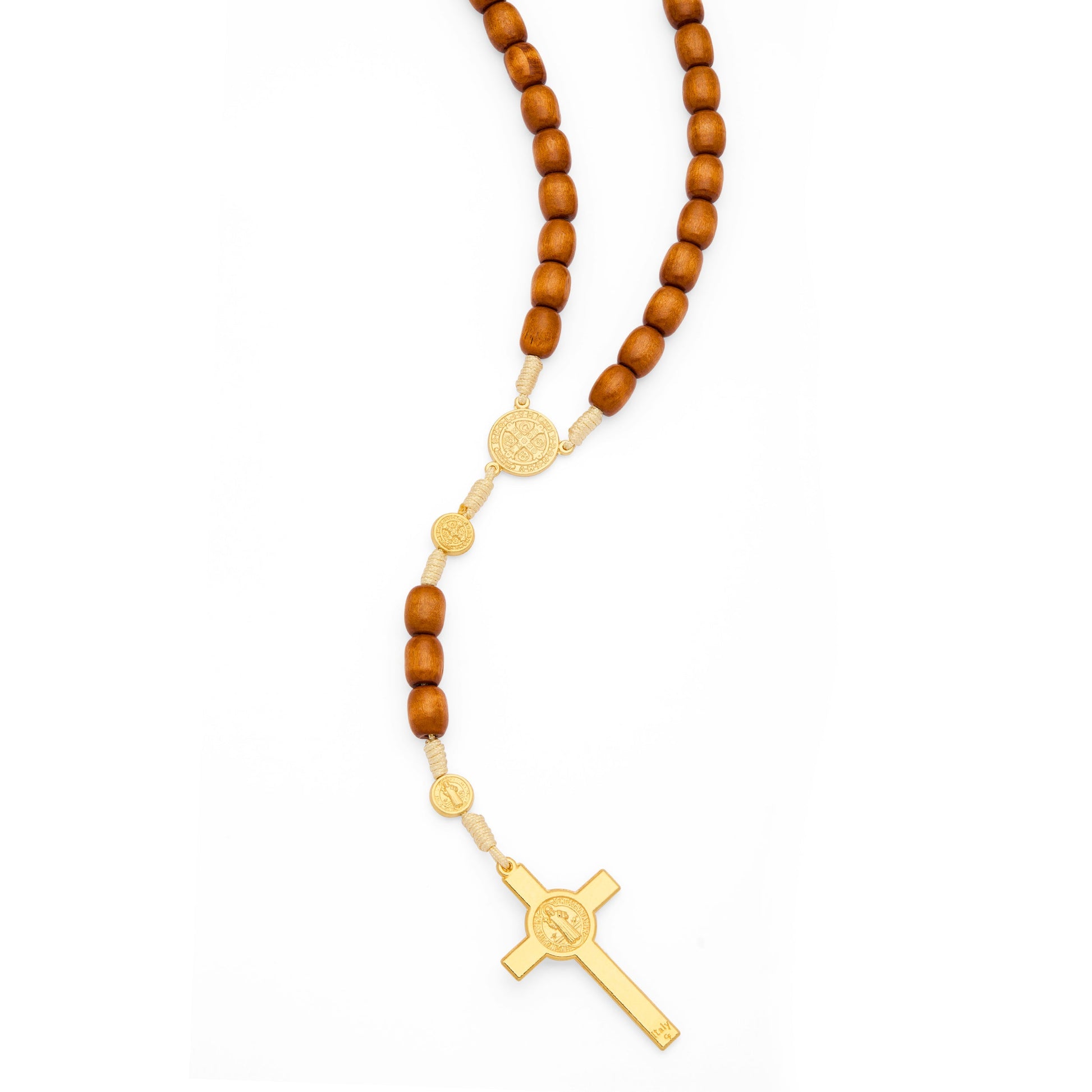 MONDO CATTOLICO ROMA Prayer Beads 52 cm (20.47 in) / 70 cm (27.56 in) / 8x10 mm (0.31x0.39 in) Saint Benedict Rosary with Wooden Beads and Gold-Tone Metal Crucifix