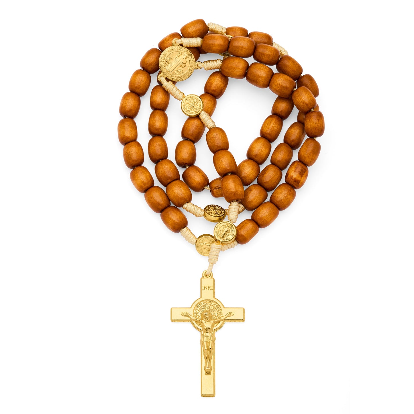 MONDO CATTOLICO ROMA Prayer Beads 52 cm (20.47 in) / 70 cm (27.56 in) / 8x10 mm (0.31x0.39 in) Saint Benedict Rosary with Wooden Beads and Gold-Tone Metal Crucifix