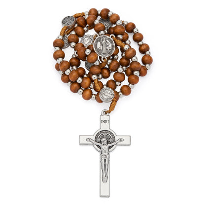 MONDO CATTOLICO ROMA Prayer Beads 42 cm (16.54 in) / 54 cm (21.26 in) / 6 mm (0.24 in) Saint Benedict Rosary with Wooden Beads and Metal Crucifix