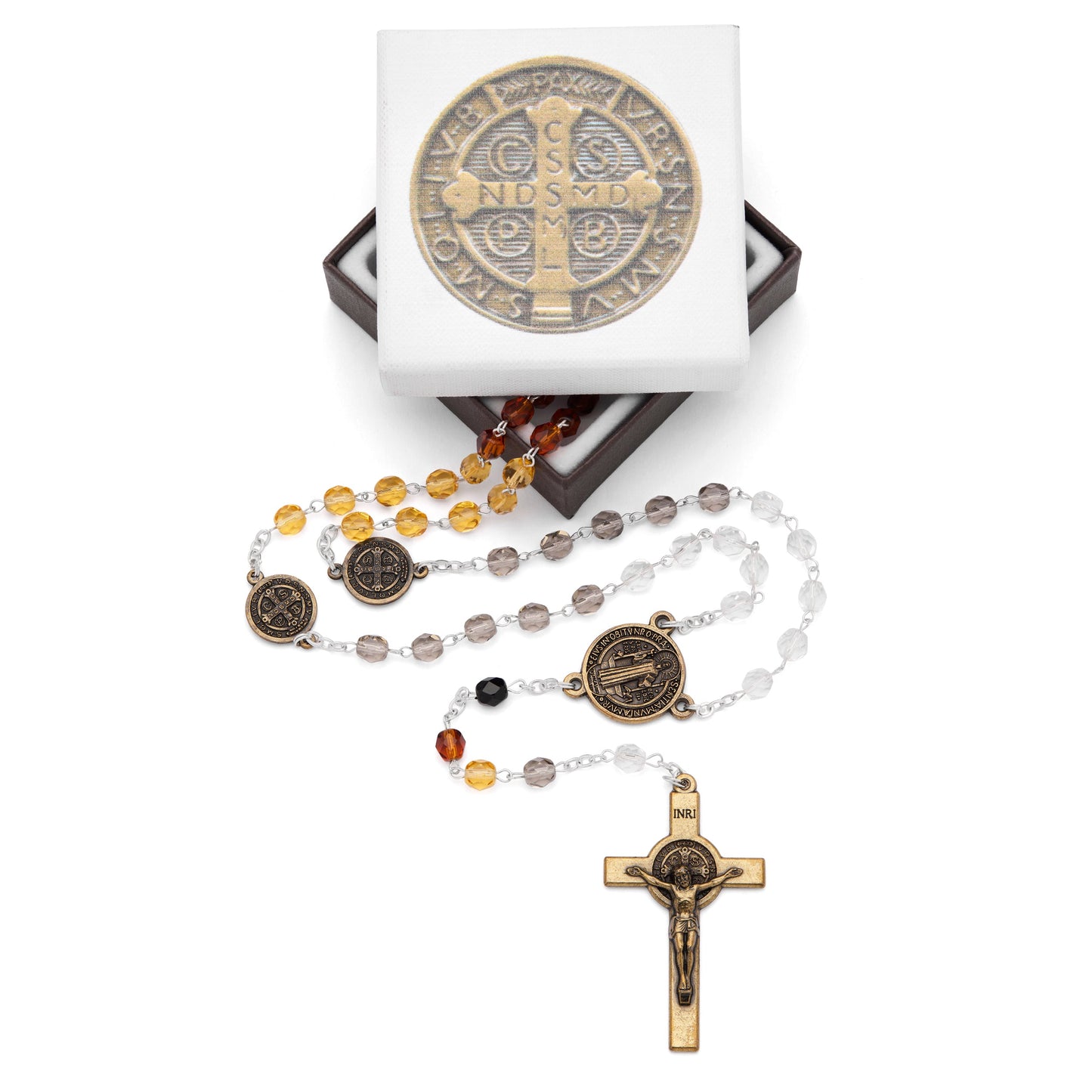 MONDO CATTOLICO ROMA Prayer Beads Saint Benedict Shade of Brown Crystal Rosary