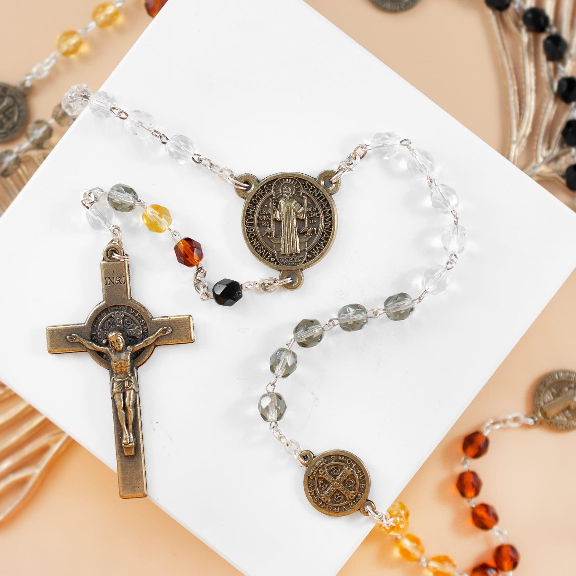 MONDO CATTOLICO Prayer Beads Saint Benedict Shade of Brown Crystal Rosary