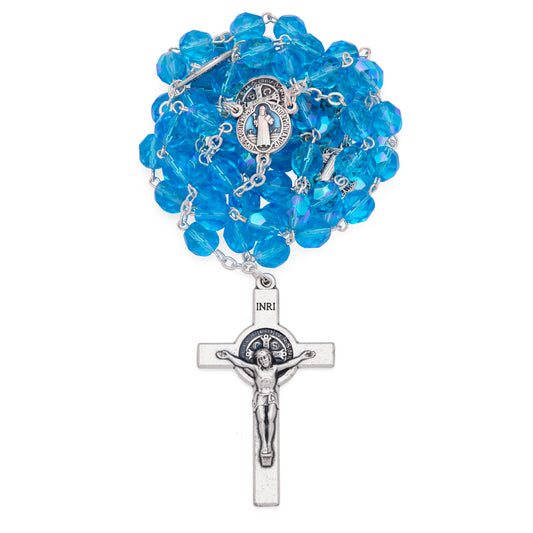 MONDO CATTOLICO ROMA Prayer Beads 55 cm (21.65 in) / 8 mm (0.31 in) Saint Benedict Turquoise Crystal Rosary