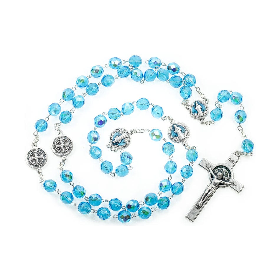 MONDO CATTOLICO Prayer Beads 55 cm (21.65 in) / 8 mm (0.31 in) Saint Benedict Turquoise Crystal Rosary