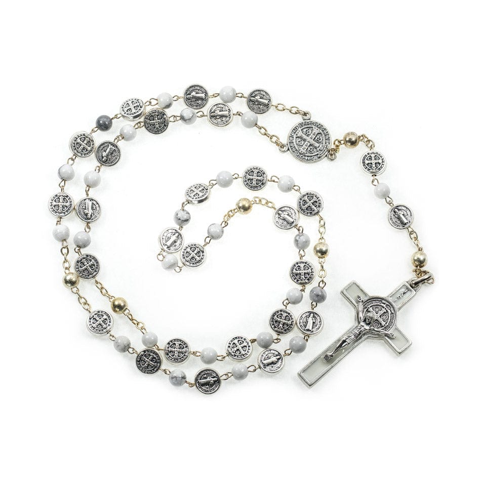 MONDO CATTOLICO Prayer Beads Saint Benedict Veined Howlite Rosary