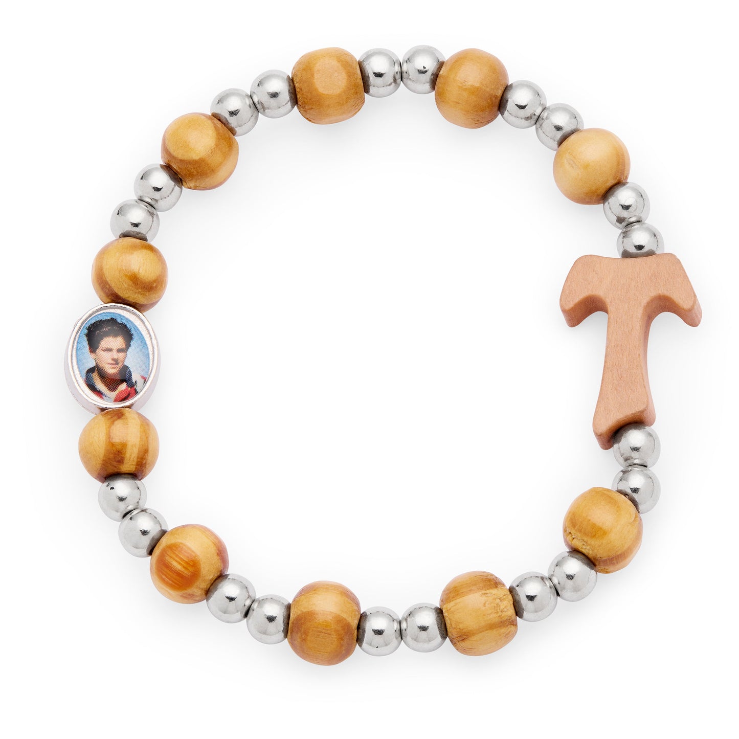 Mondo Cattolico Bracelet 6 cm (2.36 in) / 8 mm (0.31 in) Saint Carlo Acutis Elastic Bracelet with Metal and Wooden Beads