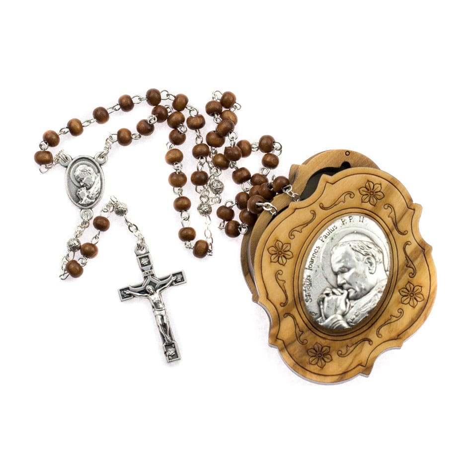 MONDO CATTOLICO Prayer Beads Saint John Paul II Olive Wood Case and Rosary