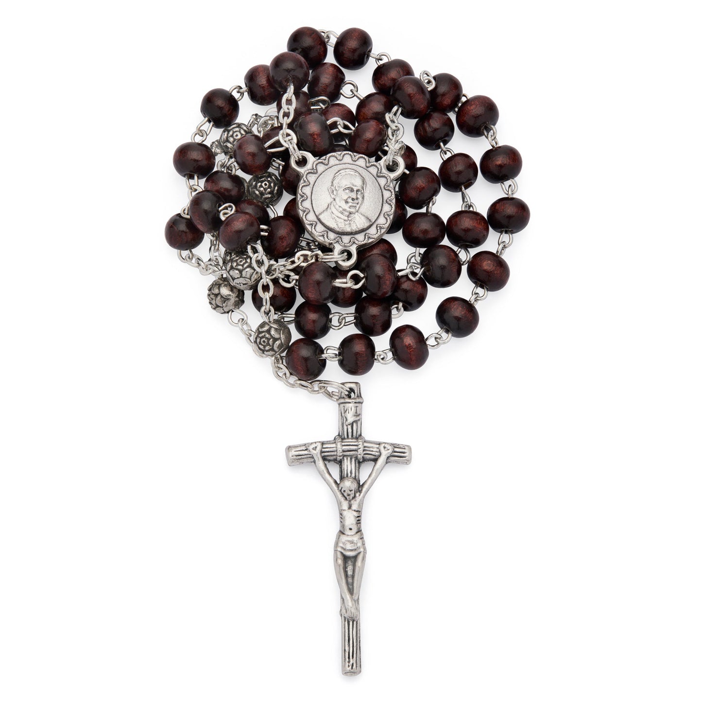 MONDO CATTOLICO ROMA Rosary 42 cm (16.54 in) / 6 mm (0.24 in) / 62 cm (24.41 in) Saint John Paul II Rosary with Dark Brown Wood Beads and Metal Crucifix