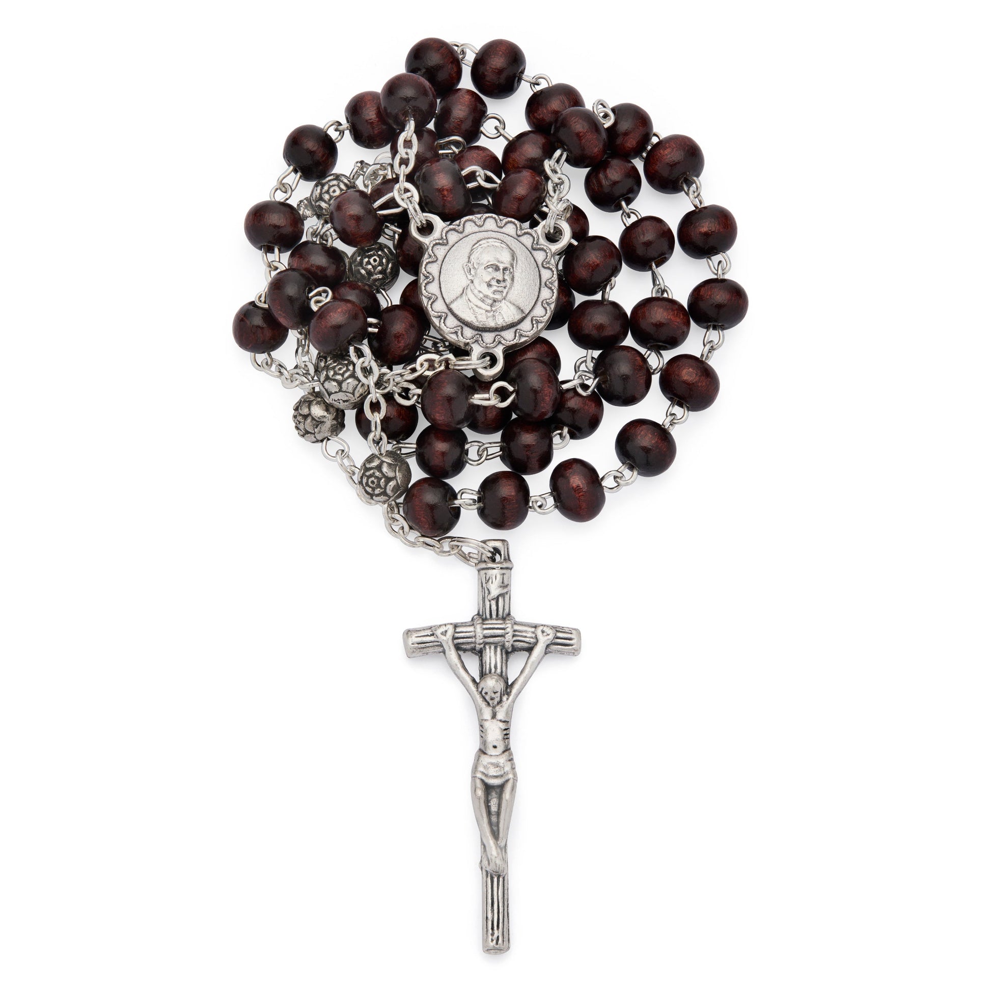 MONDO CATTOLICO ROMA Rosary 42 cm (16.54 in) / 6 mm (0.24 in) / 62 cm (24.41 in) Saint John Paul II Rosary with Dark Brown Wood Beads and Metal Crucifix