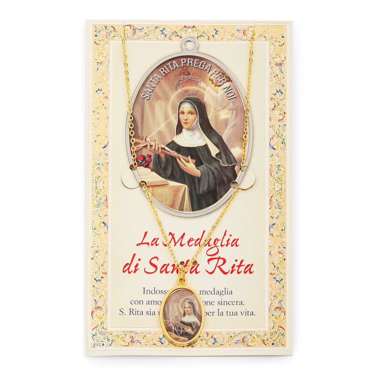 MONDO CATTOLICO Saint Rita Prayer Card and Medal With Chain