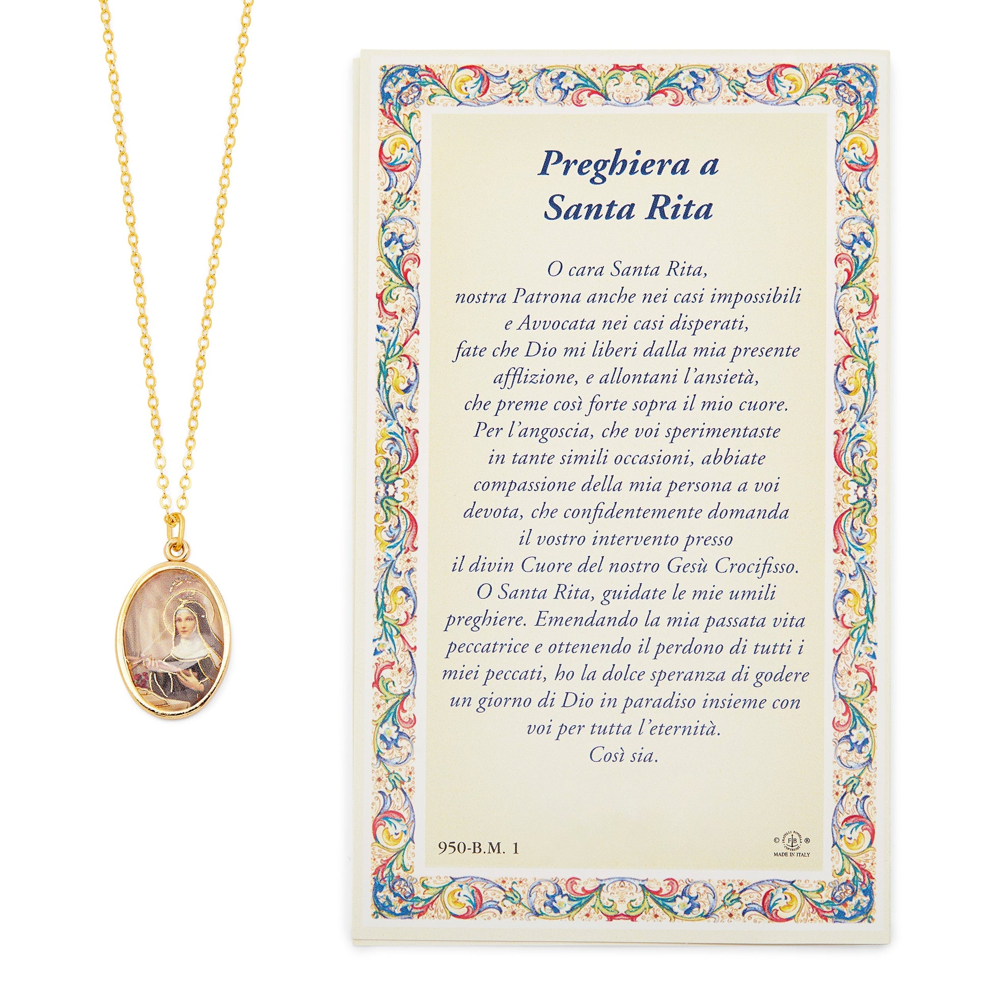MONDO CATTOLICO Saint Rita Prayer Card and Medal With Chain