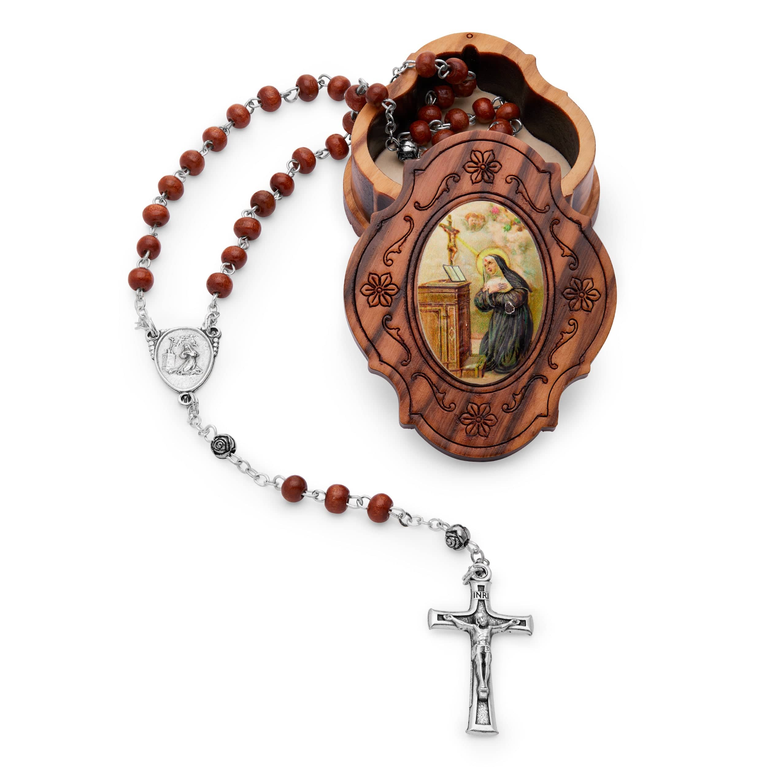 Olive Wood St. Rita Rosary Case With Wood Rosary | MONDO CATTOLICO
