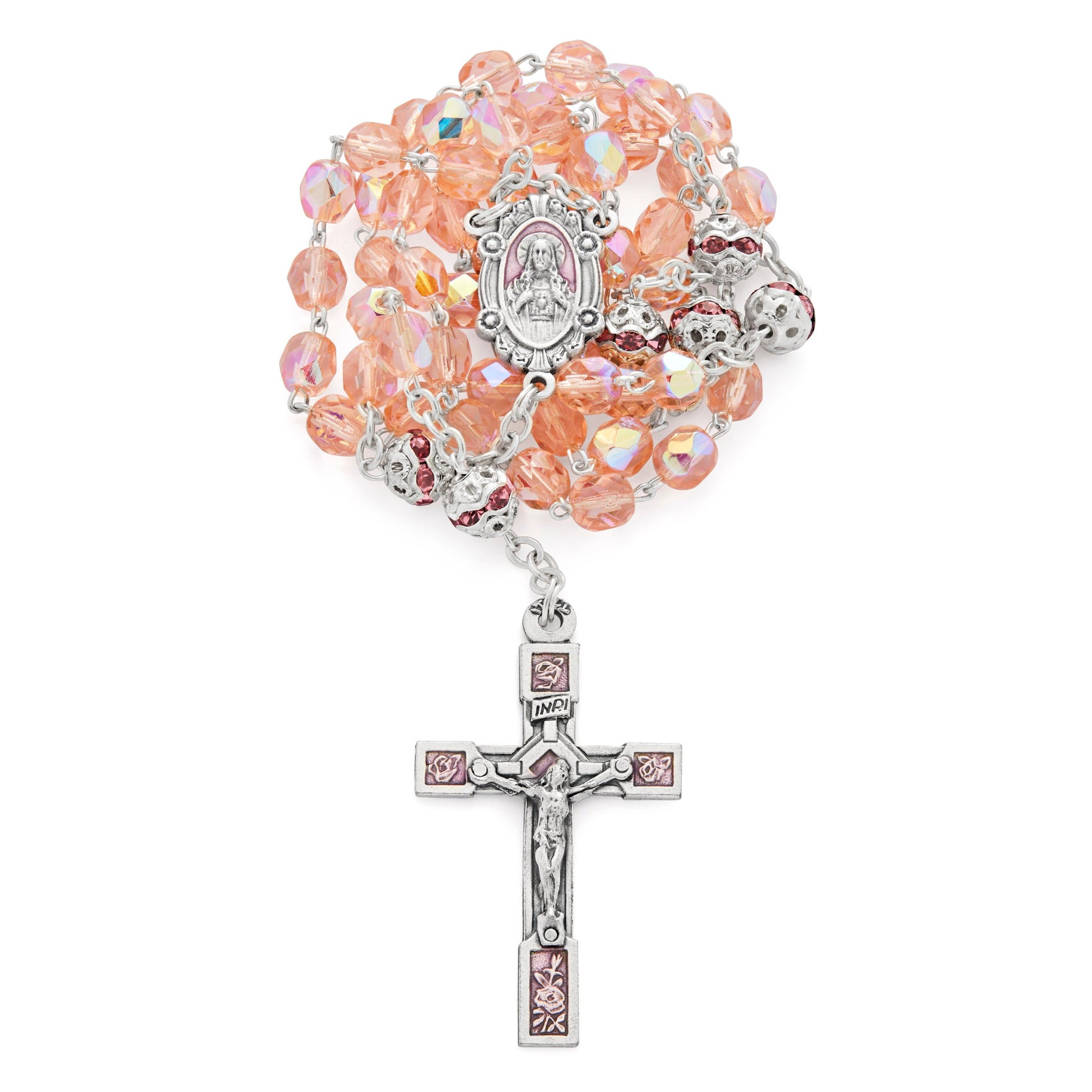 MONDO CATTOLICO ROMA Prayer Beads 40 cm (15.75 in) / 52 cm (20.47 in) / 4 mm (0.16 in) Scapular Rosary in Pink Crystal