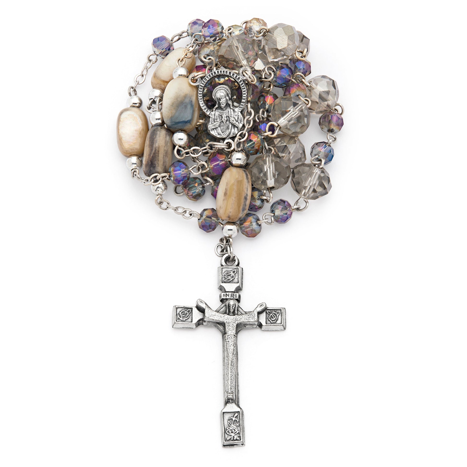 MONDO CATTOLICO ROMA Rosary 52 cm (20.47 in) / 68 cm (26.77 in) / 6 mm (0.24 in) Scapular Rosary with Faceted Grey and Speckled Beige Crystal Beads