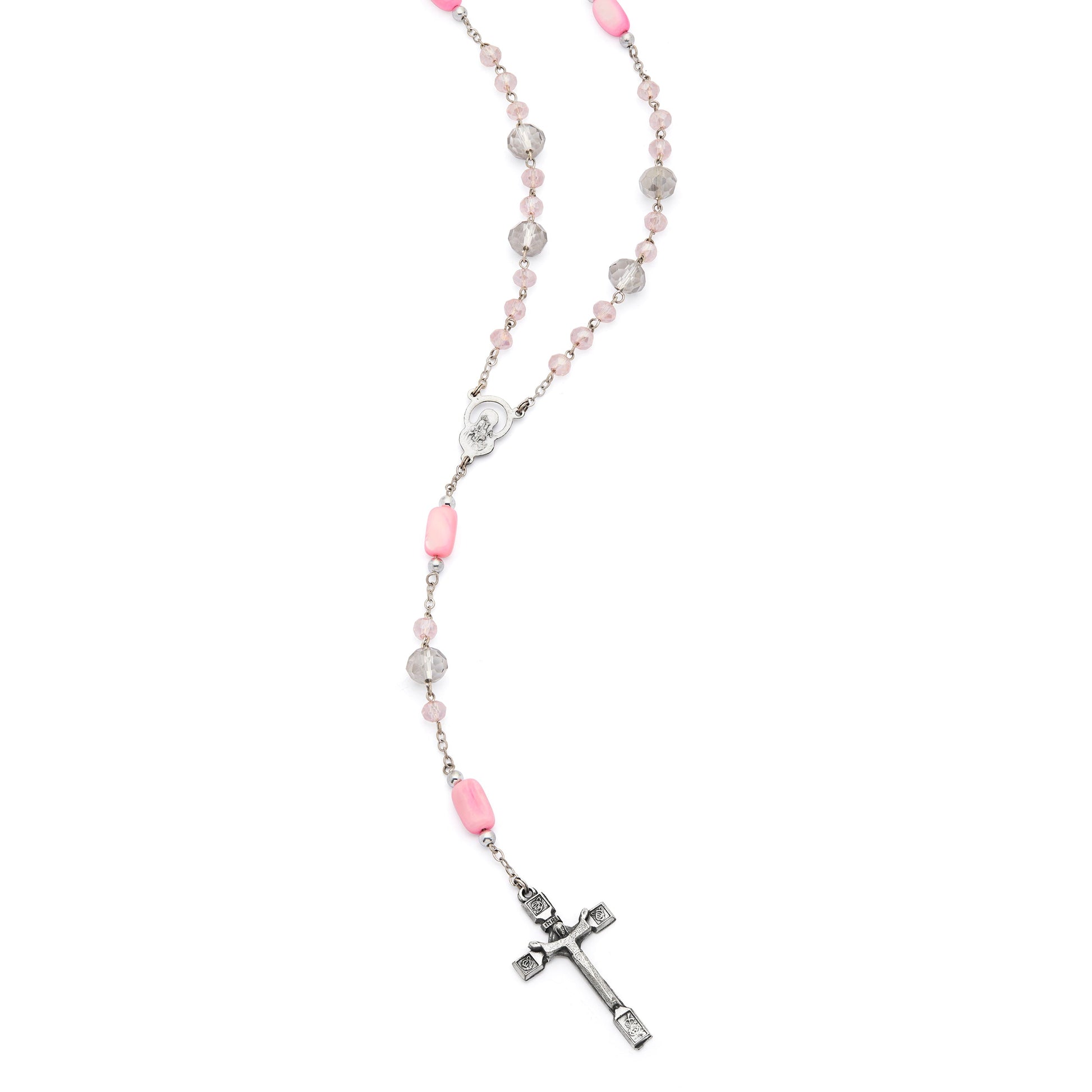 MONDO CATTOLICO ROMA Rosary 52 cm (20.47 in) / 68 cm (26.77 in) / 6 mm (0.24 in) Scapular Rosary with Light Pink and Smoky Gray Crystal Beads