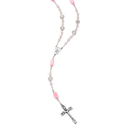 MONDO CATTOLICO ROMA Rosary 52 cm (20.47 in) / 68 cm (26.77 in) / 6 mm (0.24 in) Scapular Rosary with Light Pink and Smoky Gray Crystal Beads