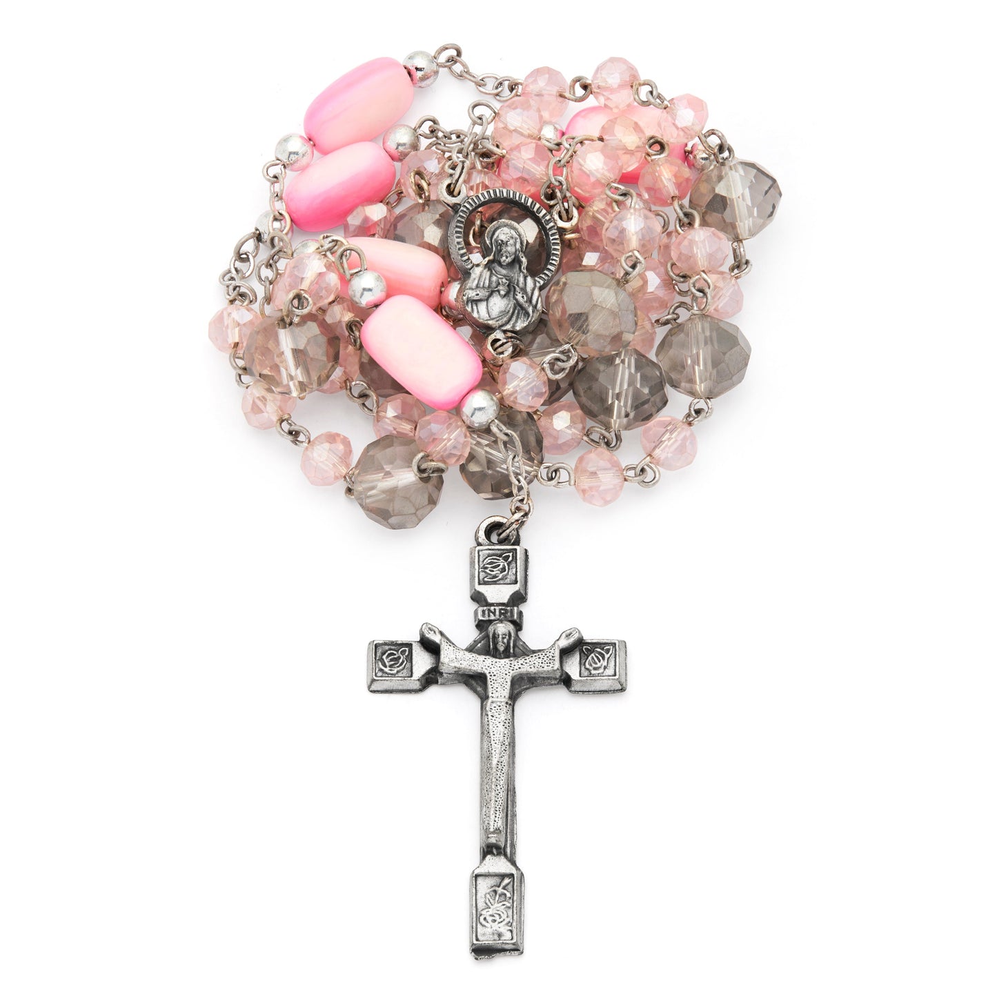 MONDO CATTOLICO ROMA Rosary 52 cm (20.47 in) / 68 cm (26.77 in) / 6 mm (0.24 in) Scapular Rosary with Light Pink and Smoky Gray Crystal Beads