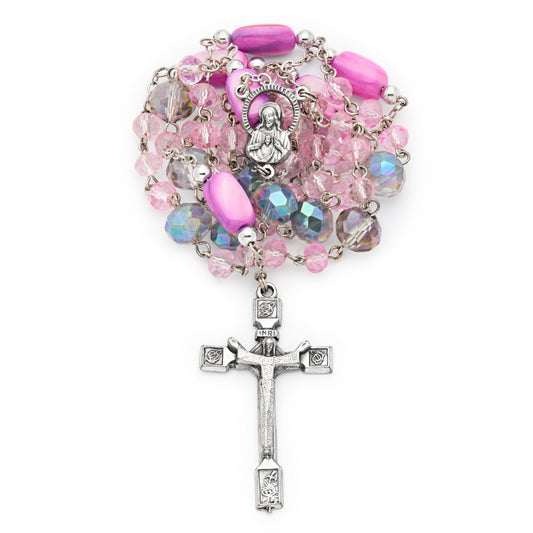 MONDO CATTOLICO ROMA Rosary 52 cm (20.47 in) / 68 cm (26.77 in) / 6 mm (0.24 in) Scapular Rosary with Pink Crystal Beads and Fuchsia Accents