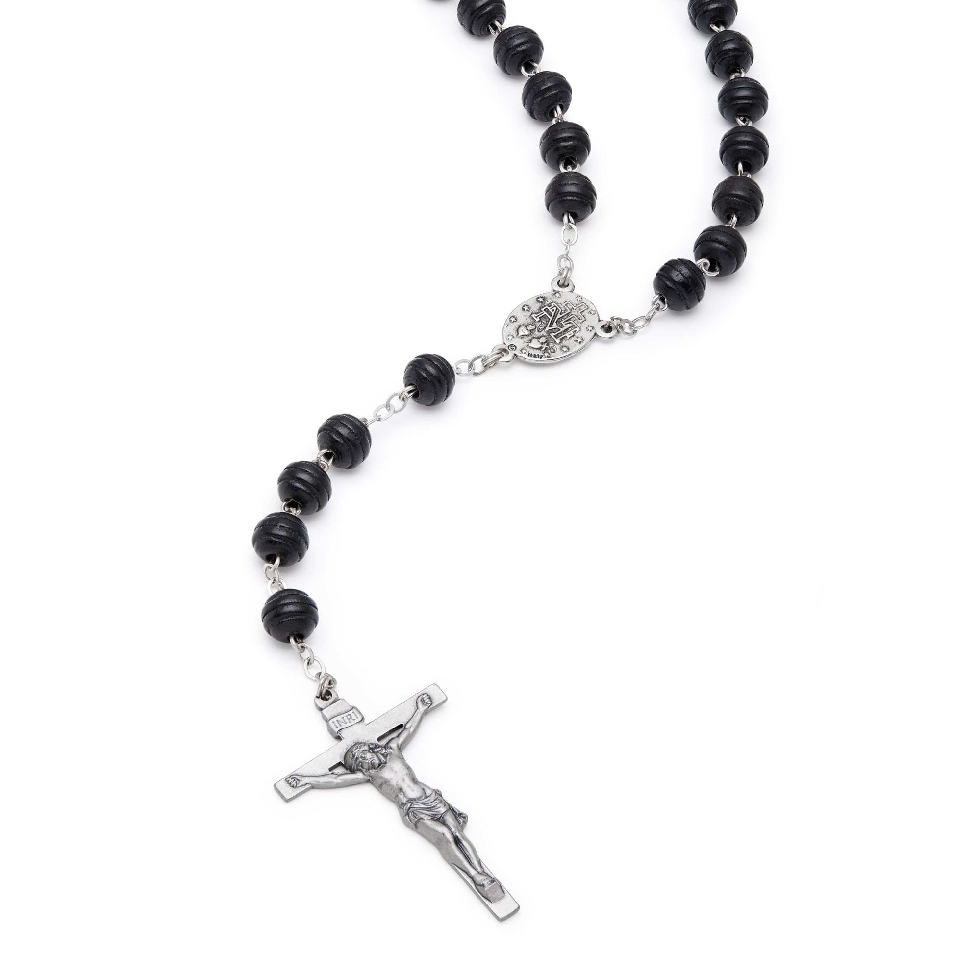 MONDO CATTOLICO Prayer Beads 46.5 cm (18.3 in) / 8 mm (0.31 in) Silver rosary in black wood