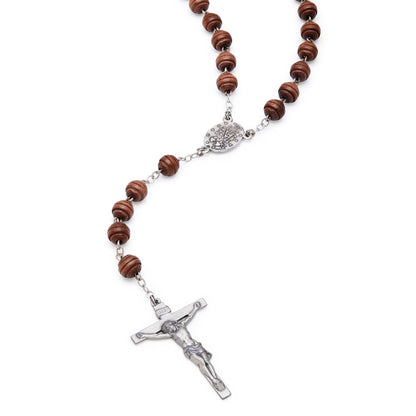 MONDO CATTOLICO Prayer Beads 46.5 cm (18.30 in) / 8 mm (0.31 in) Silver Rosary in Brown Wood