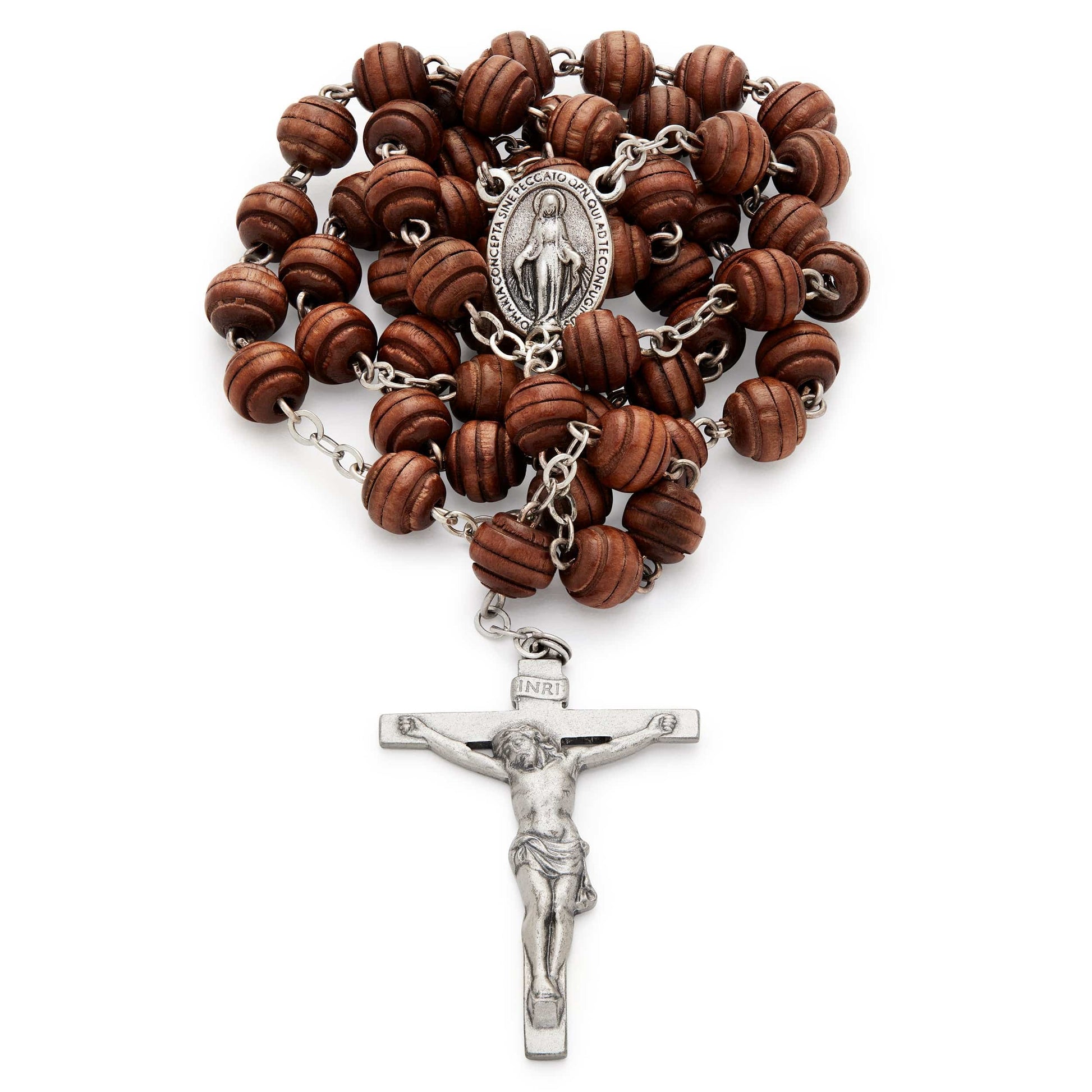 MONDO CATTOLICO Prayer Beads 46.5 cm (18.30 in) / 8 mm (0.31 in) Silver Rosary in Brown Wood