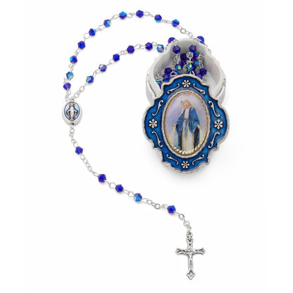 Mondo Cattolico Rosary Box 3.5x4 cm (1.38x1.57 in) / 3 mm (0.12 in) / 37.5 cm (14.76 in) Small Blue Enameled Our Lady of the Miraculous Medal Rosary Case With Blue Crystal Rosary