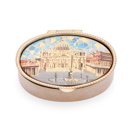 MONDO CATTOLICO ROMA Pill Box 3.5x5 cm (1.38x1.97 in) Small Oval Pill Box in Gold-tone Metal of St.Peter's Basilica