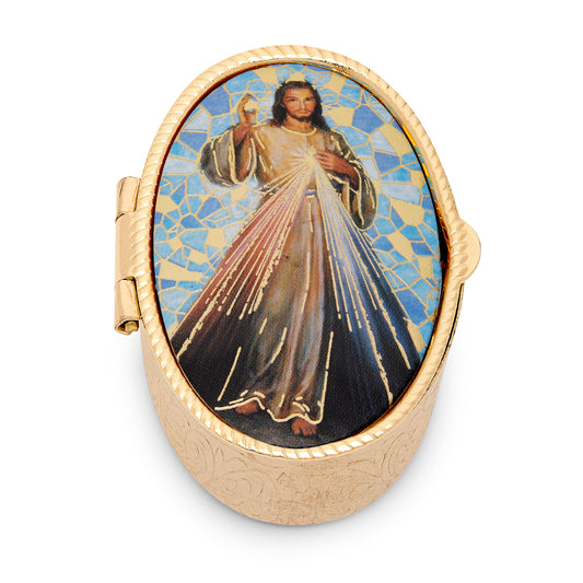Mondo Cattolico Rosary Box Small Oval Pill Box in Golden Metal of Merciful Jesus