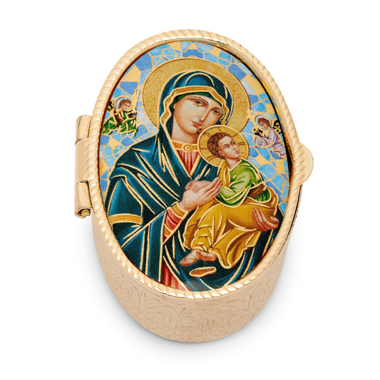 Mondo Cattolico Rosary Box Small Oval Pill Box in Golden Metal of Our Lady of Perpetual Help