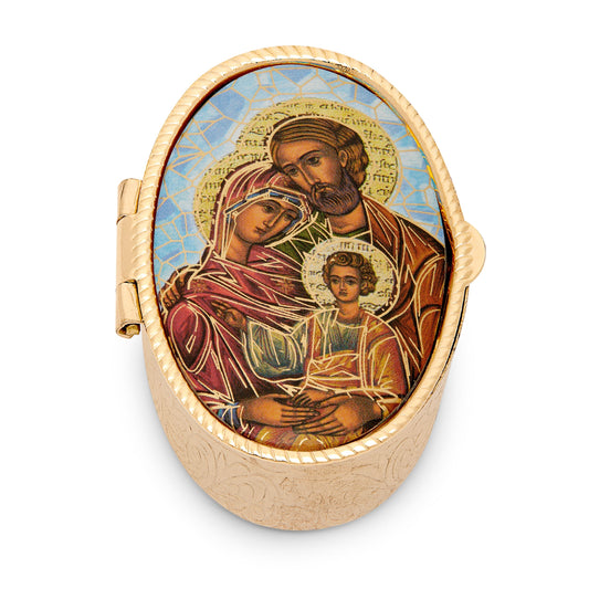 Mondo Cattolico Rosary Box Small Oval Pill Box in Golden Metal of the Holy Family