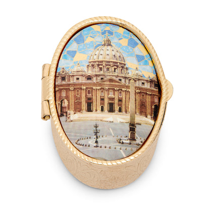 Mondo Cattolico Rosary Box Small Oval Pill Box in Golden Metal of the St.Peter's Basilica