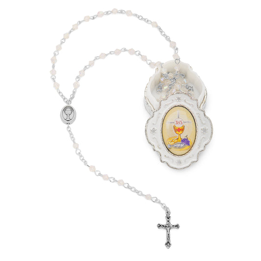 Mondo Cattolico Rosary Box 3.5x4 cm (1.38x1.57 in) / 3 mm (0.12 in) / 37.5 cm (14.76 in) Small White Enameled First Communion Rosary Case With White Crystal Rosary